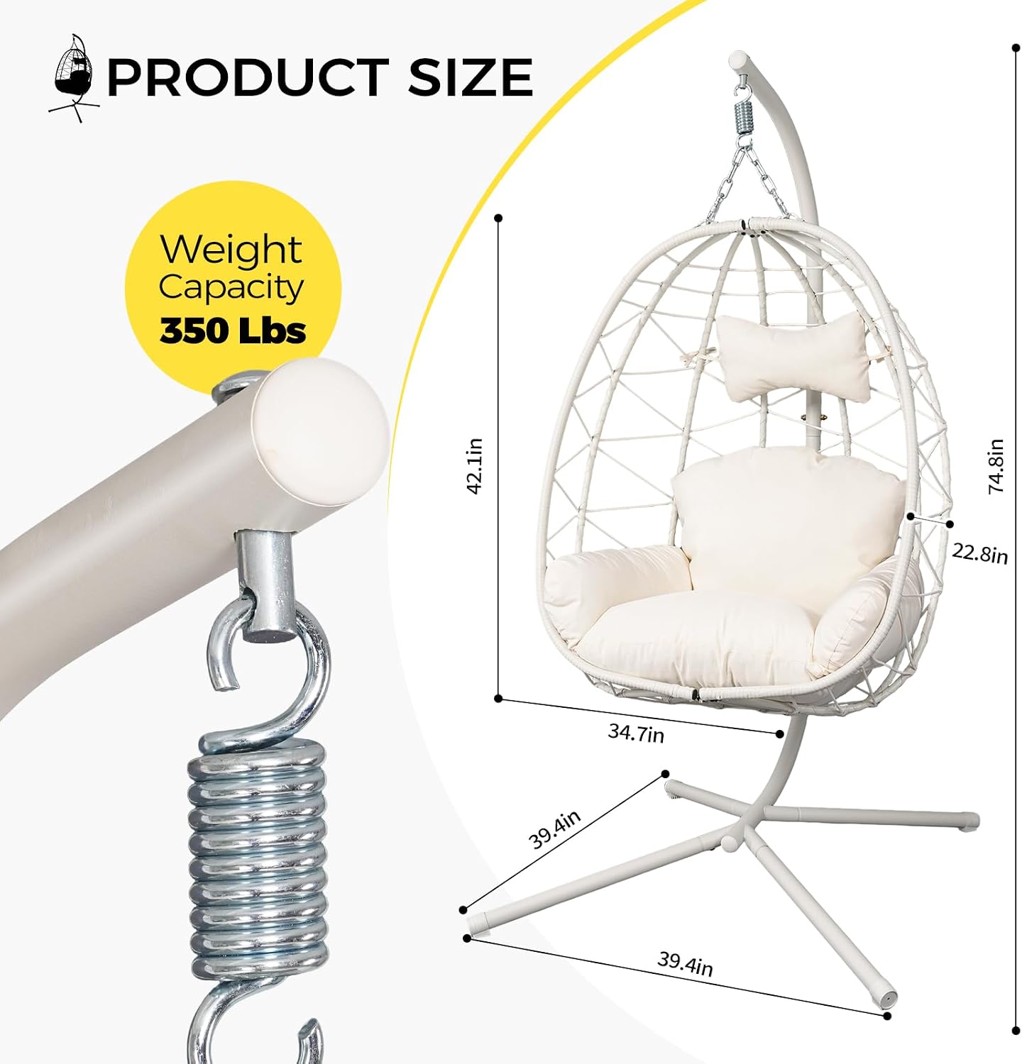 Egg Chair with Stand, Wicker Hanging Chair for Outdoor Patio, Cushioned Hammock Swing for Bedroom Garden Indoor/Outdoor, Double-Zipper Structure Hanging Egg Chair (White and White)