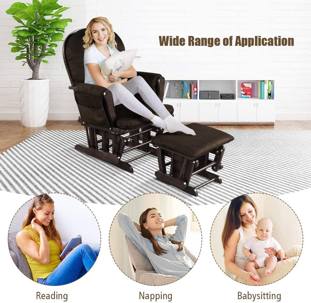 Costzon Nursery Glider with Ottoman, Upholstered Comfort Glider Rocker with Padded Cushion, Storage Pocket, Solid Wood Base, Rocking Chair Nursery for Breastfeeding, Napping (Brown)