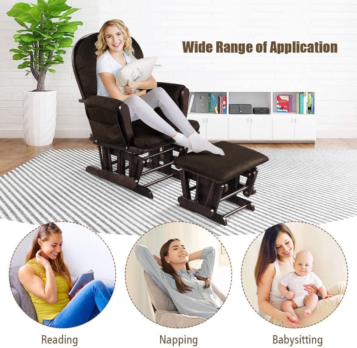 Costzon Nursery Glider with Ottoman, Upholstered Comfort Glider Rocker with Padded Cushion, Storage Pocket, Solid Wood Base, Rocking Chair Nursery for Breastfeeding, Napping (Brown)