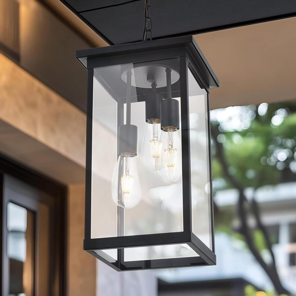 Yaohong 17'' Large Outdoor Pendant Light, 3-Lights Matte Black Exterior Hanging Lantern with Clear Glass, Outdoor Chandelier Ceiling Light Fixture for Porch, Patio, Gazebo, Entryway