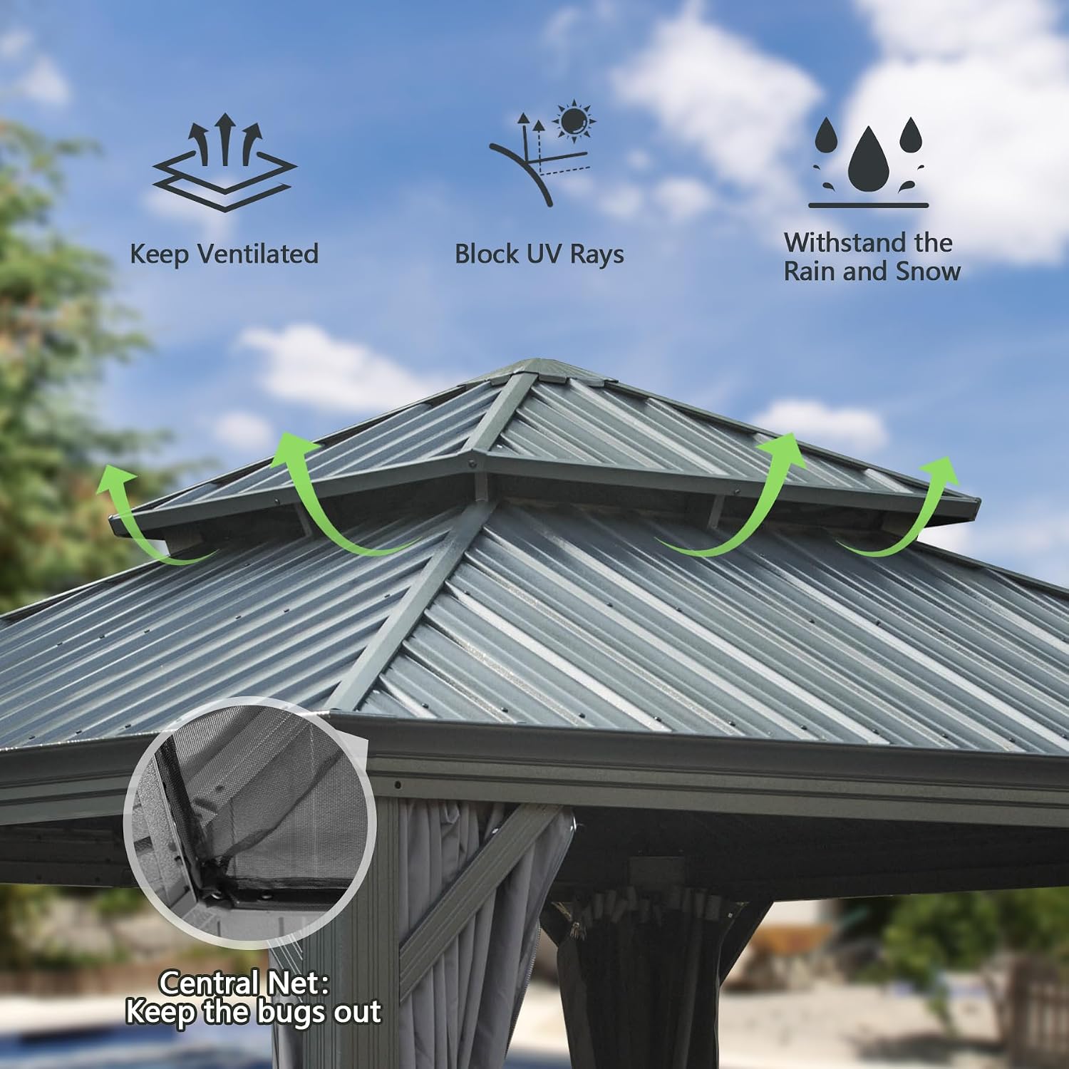 Domi 12x12FT Outdoor Gazebo, Hardtop Gazebo with Galvanized Steel Double Roof, Metal Gazebos with Drainage System for Patio Deck Backyard,Curtain and Netting,Gray