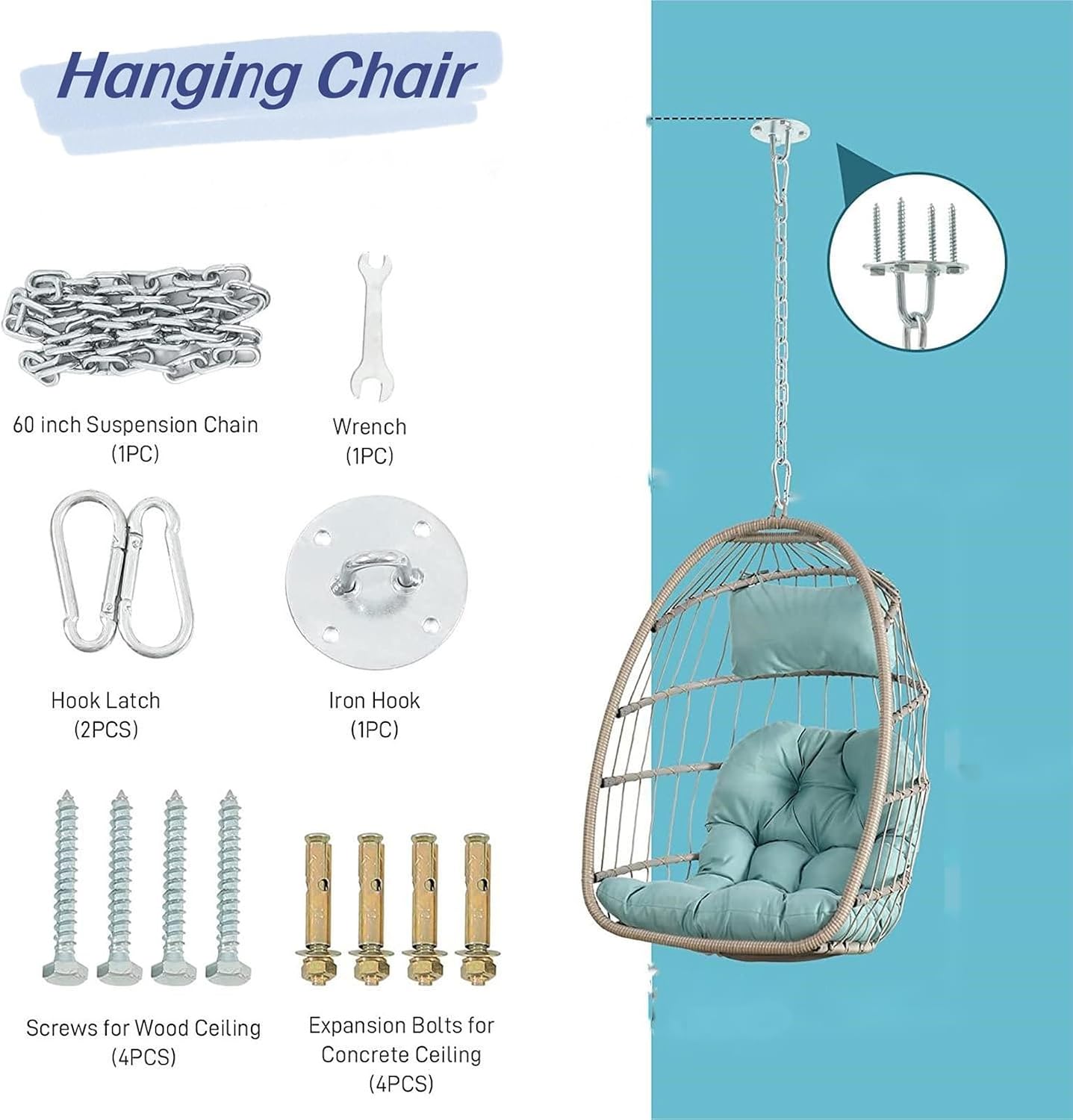Egg Swing Chair with UV Resistant & Strong Frame, Wicker Rattan Egg Chair with Stand, 360 lbs Capacity Hanging Chair for Indoor & Outdoor Use, Patio Balcony Garden Bedroom, Dark Gray