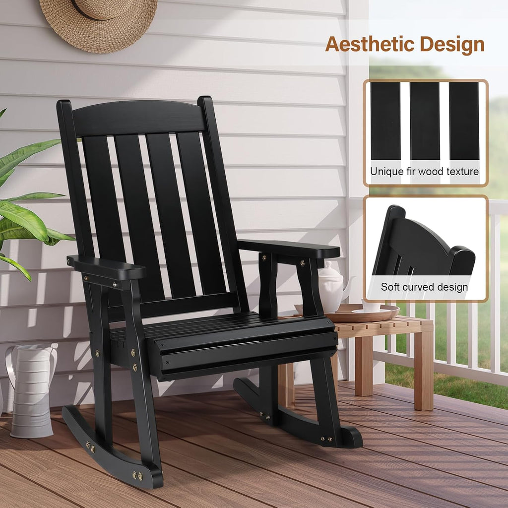 VINGLI Outdoor Rocking Chair, Heavy Duty 600 LBS Wooden Rocking Bench with Comfortable Backrest, Weatherproof Patio Rocker with Ergonomic Design, Wood Rocking Chair for Patio, Garden (Black, 2 PCS)
