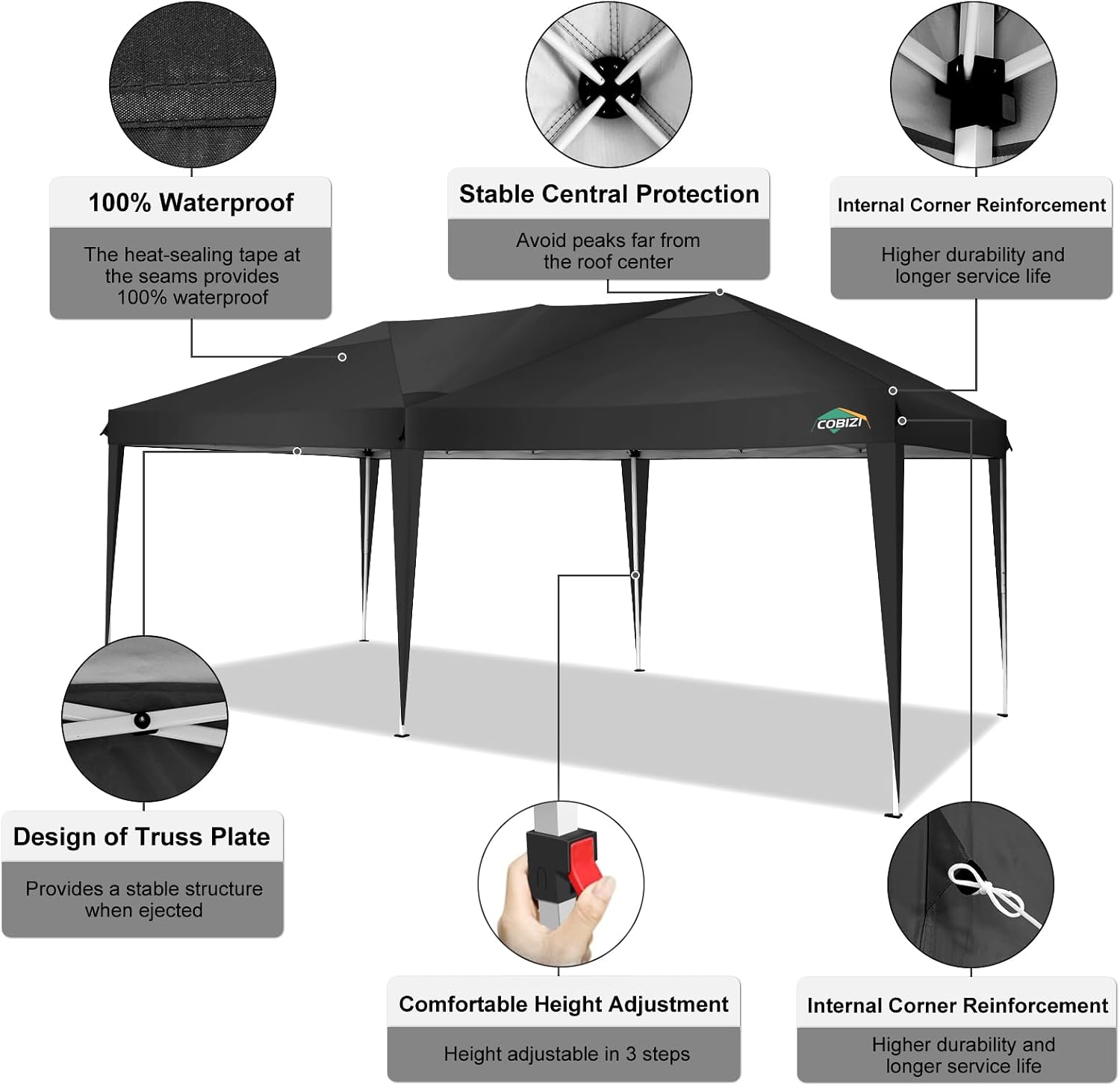 COBIZI 10x20 Pop Up Canopy Tent One Push Setup UV Protection 50+ Waterproof Party Tents for Parties Wedding Outdoor Commercial Event Gazebo Portable Instant Tent for Backyard Camping Carport,Black
