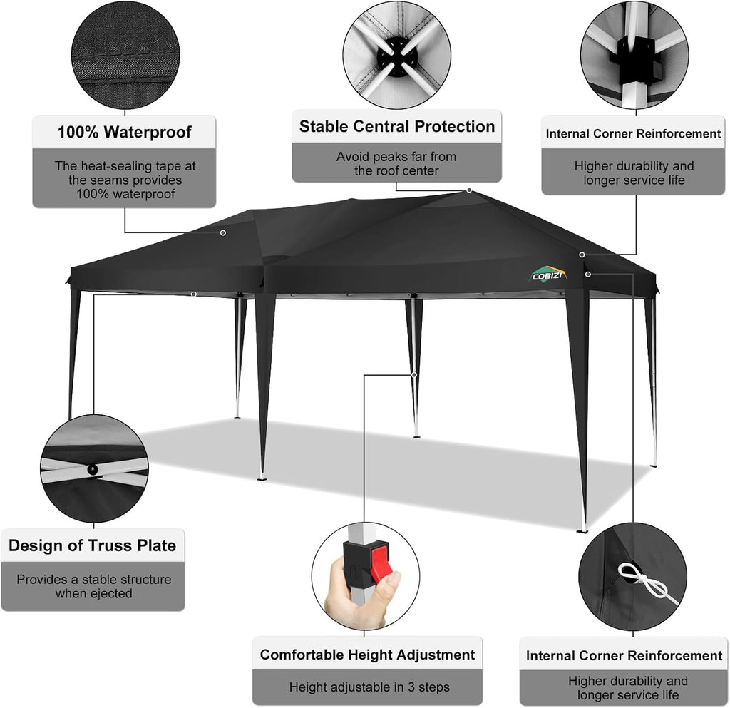COBIZI Canopy 10x20 Pop Up Canopy Tent 10x20ft Waterproof Party Tent Ez Up for Parties Wedding Outdoor Commercial Event Gazebo Portable Instant for Backyard Camping Carport, Black