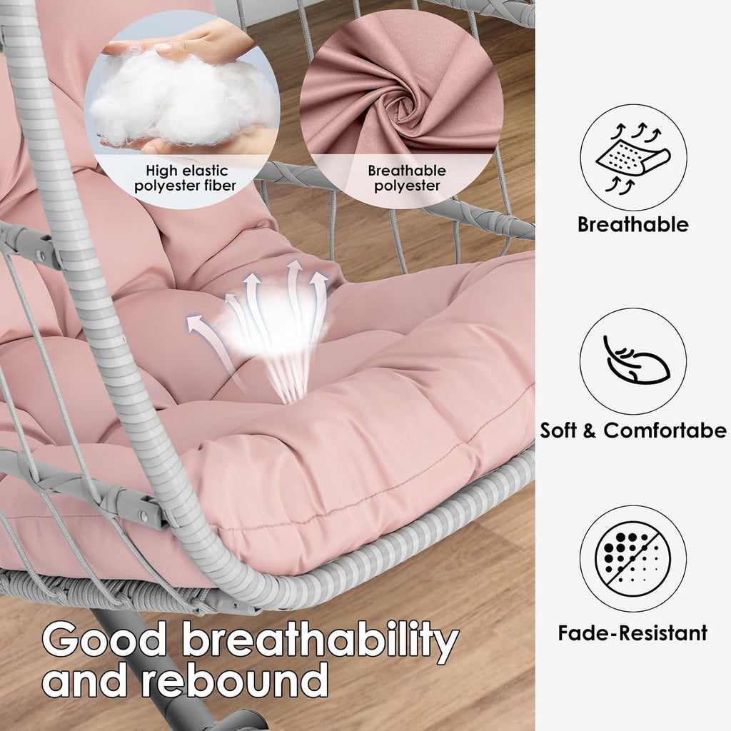 Hanging Egg Chair with Stand - Pink Swing Egg Chairs Wicker Rattan Hammock Chairs for Indoor Outdoor Bedroom Garden - Aluminum Steel Frame and UV Resistant Cushion 350LBS Capacity for Kids Adults