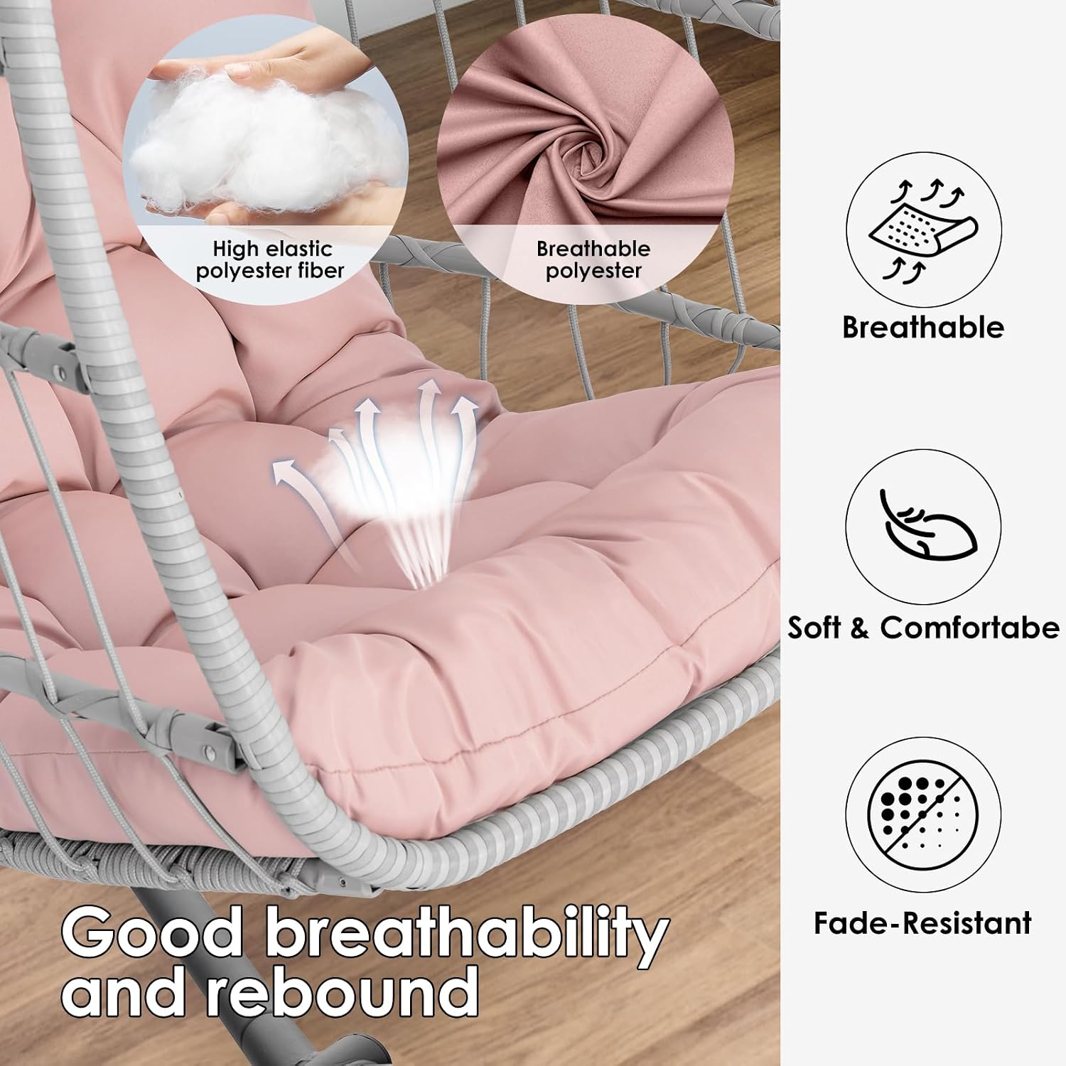 Hanging Egg Chair with Stand - Pink Swing Egg Chairs Wicker Rattan Hammock Chairs for Indoor Outdoor Bedroom Garden - Aluminum Steel Frame and UV Resistant Cushion 350LBS Capacity for Kids Adults