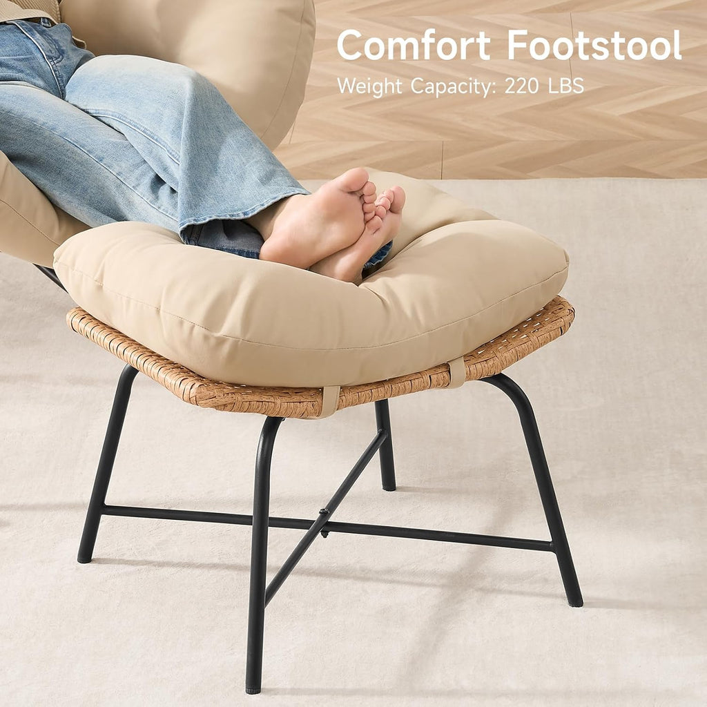 ONBRILL Papasan Rocking Chair with Ottoman,Oversized Papasan Chair with Padded Cushion, Indoor & Outdoor Rocker Chair for Living Room, Patio, Garden, Beige