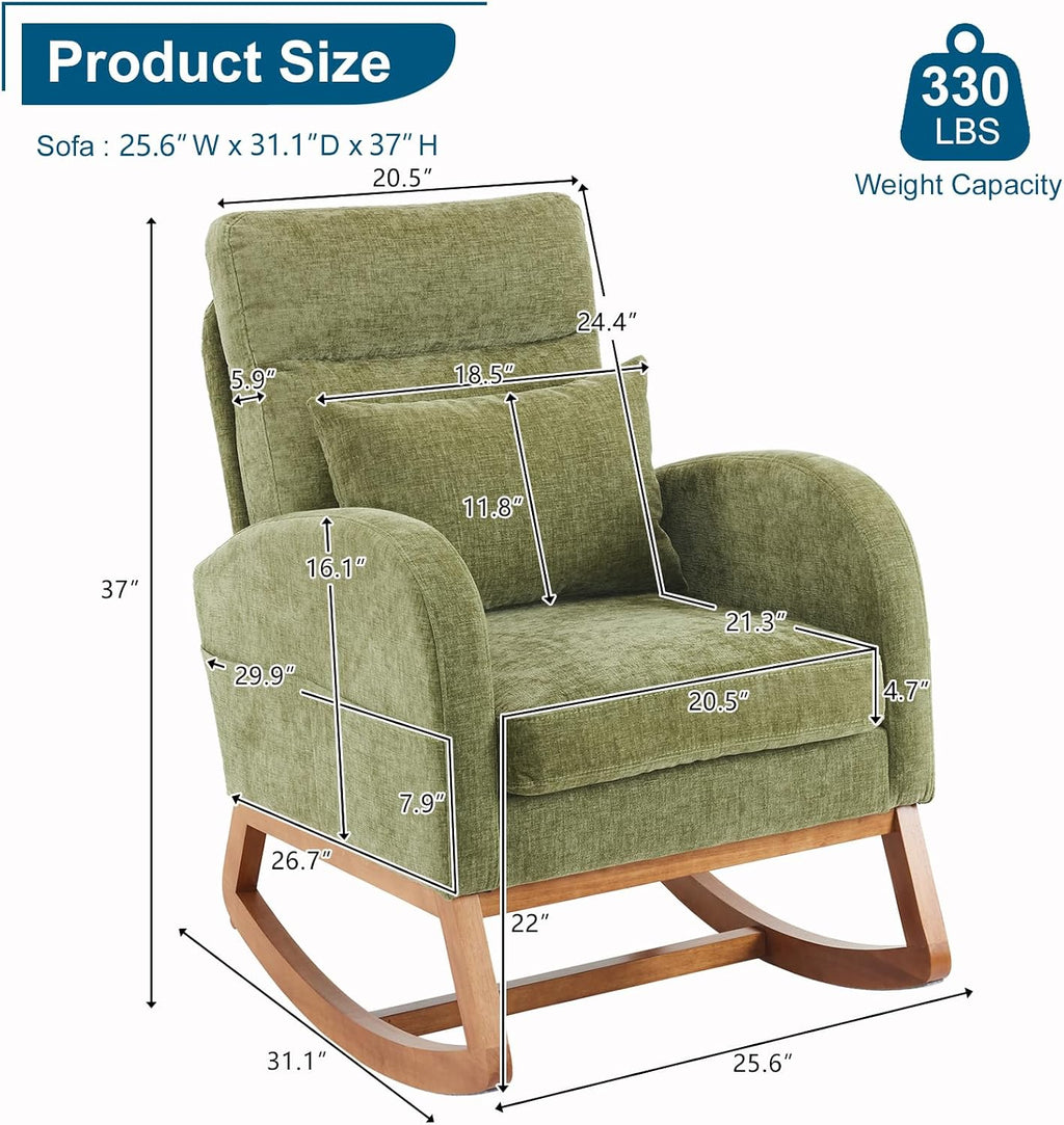 VINGLI Olive Chenille Rocking Chair Nursery with Thick Headrest, Upholstered Mid-Century Modern Nursing Rocker Glider with Curved Armrest, Sturdy Solid Wood Base for Living Room, Bedroom, Baby Room