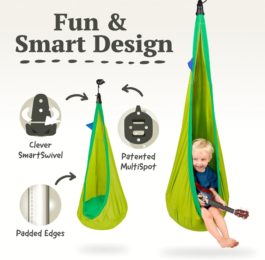 La Siesta® Joki Air Hanging Nest Sensory Swing for Kids - Weather-Resistant Outdoor Indoor Swing for Kids, Hammock Chair Pod Swing Ages 3-12 - Froggy
