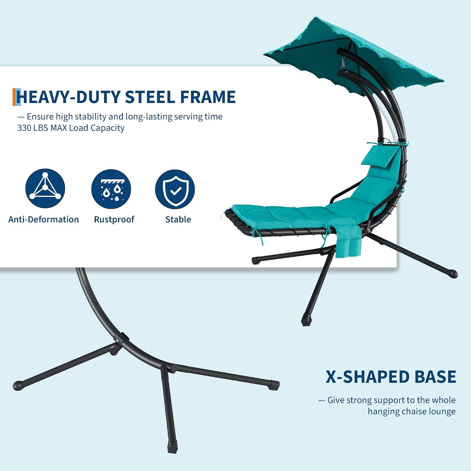 Hanging Chaise Lounge Swing Chair, Hanging Curved Chaise Lounge Chair Umbrella, Curved Steel Hammock Lounger Chairs for Outdoor Indoor Patio Pool Garden Backyard Porch