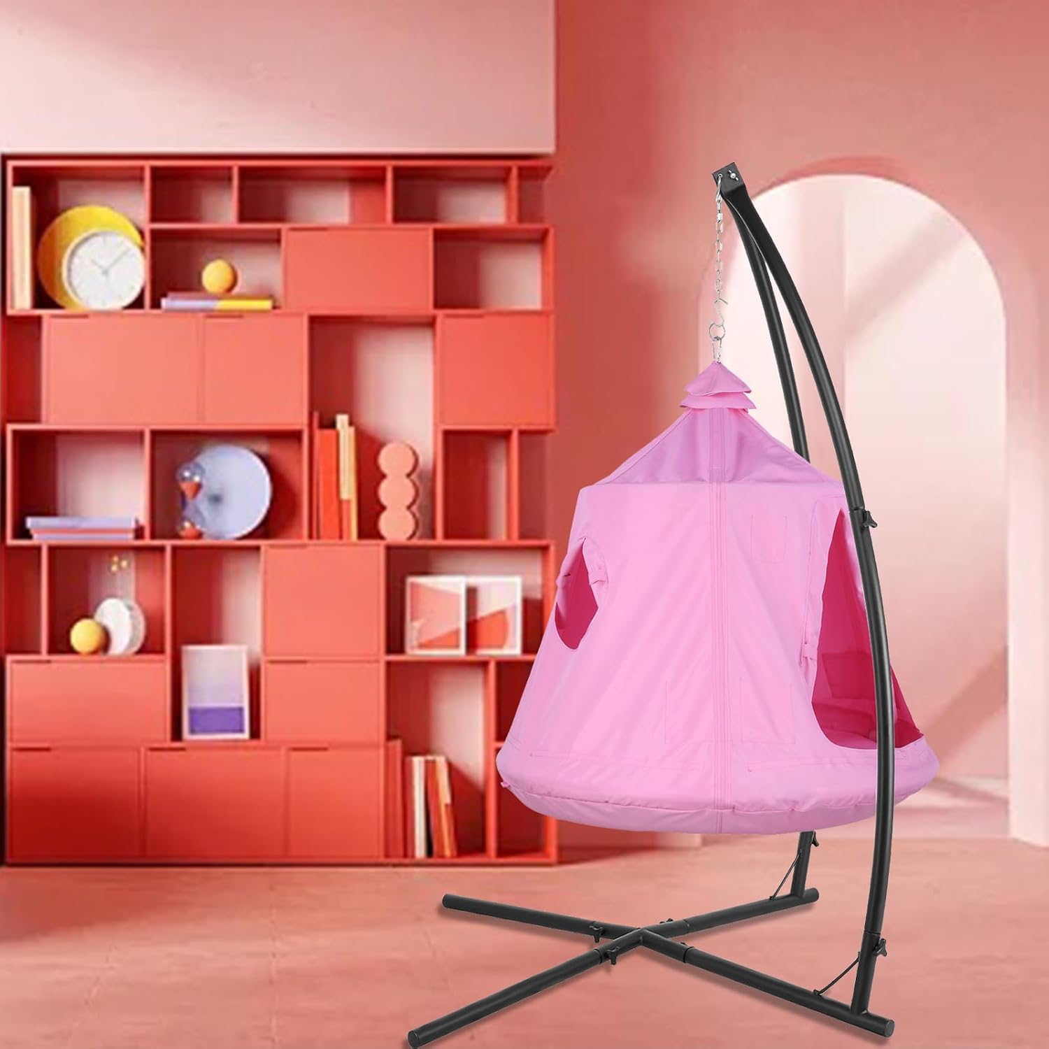X-Shaped Hanging Tree Tent w/Swing Chair,Hammock Chair Stand Canopy w/Steel Frame,Indoor Outdoor Egg Basket Patio Seat w/Adjustable Solid Stand,Bedroom Porch Balcony Garden 330lb(Pink)