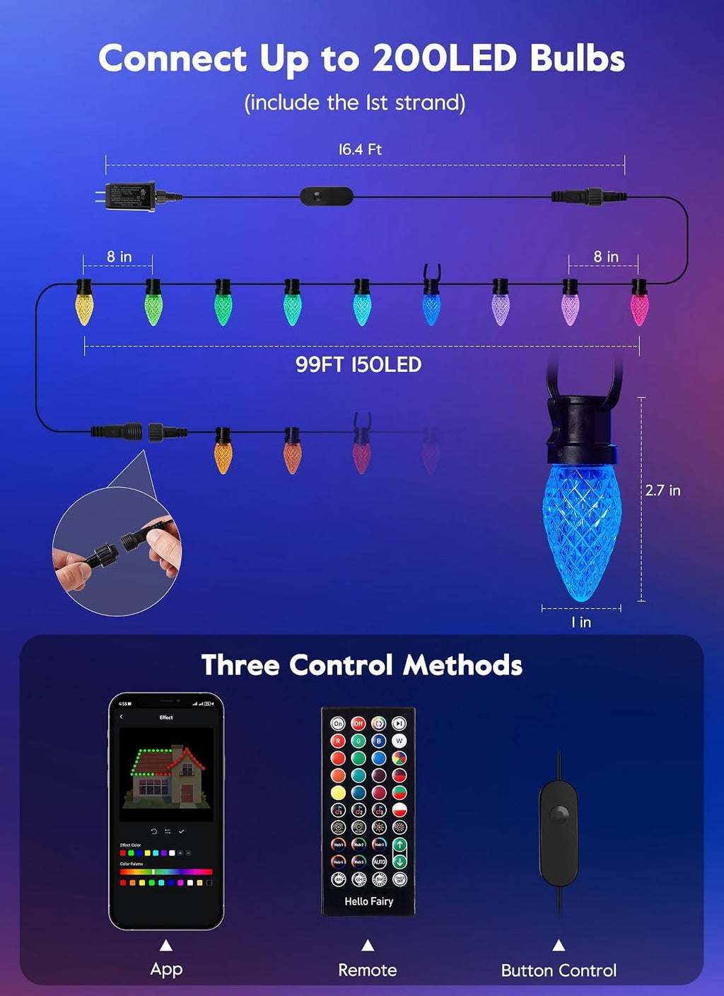 Brightown Smart C9 LED Christmas Lights, 150 LED RGB C9 String Light with Remote, App Control, Music Sync, Connectable Waterproof Outdoor Christmas Lights for House Tree Patio Holiday Xmas Decor