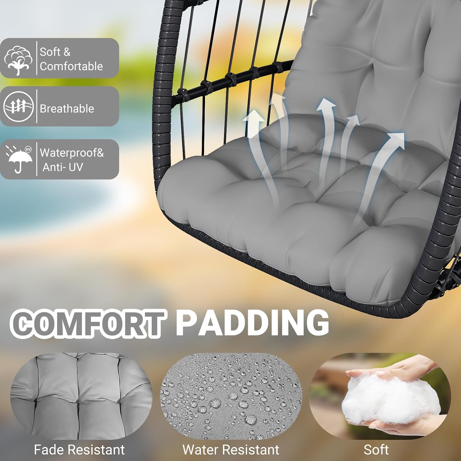 CHABATREE Egg Chair with Stand,Patio Rattan Wicker Hanging Swing Egg Chair Hammock Chair for Bedroom Porch Garden,Thickened Aluminum Alloy Steel Frame and UV Resistant Cushion,350LBS Capacity