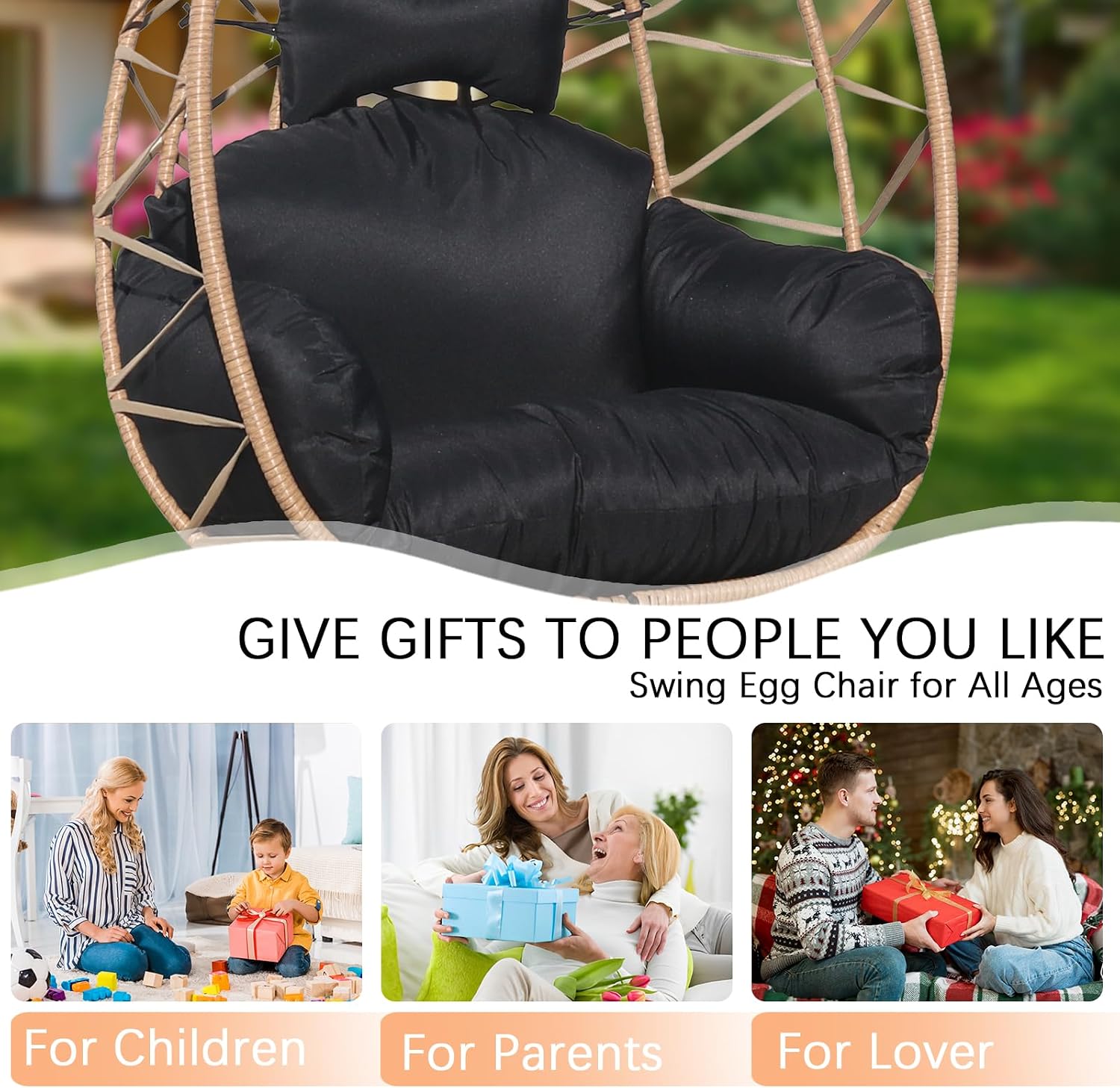 Hanging Egg Chair Swing with Stand, Hanging Chair, Webbing & PE Rattan Weaving, Thickened UV Resistant Cushion & Alloy Steel Frame, for Patio Bedroom Balcony (YH)