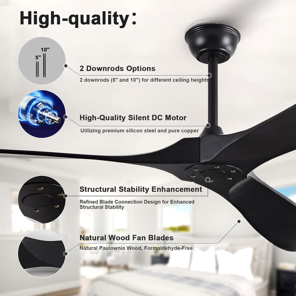 72' Ceiling Fans without Lights, Solid Wood Ceiling Fan No Light with Remote Control Smart and Unique Modern Fan with 3 Blades, DC Motor Indoor Outdoor for Farmhouse and Gazebo, Matte Black