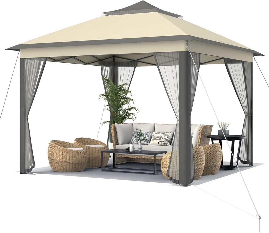 Tangkula 11x11 Ft Pop up Gazebo, 2-Tier Patio Gazebo with Netting, Carry Bag, Easy Set up Outdoor Gazebo with 121 Square Feet of Shade for Backyard, Deck, Poolside (Brown)