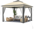 Tangkula 11x11 Ft Pop up Gazebo, 2-Tier Patio Gazebo with Netting, Carry Bag, Easy Set up Outdoor Gazebo with 121 Square Feet of Shade for Backyard, Deck, Poolside (Brown)