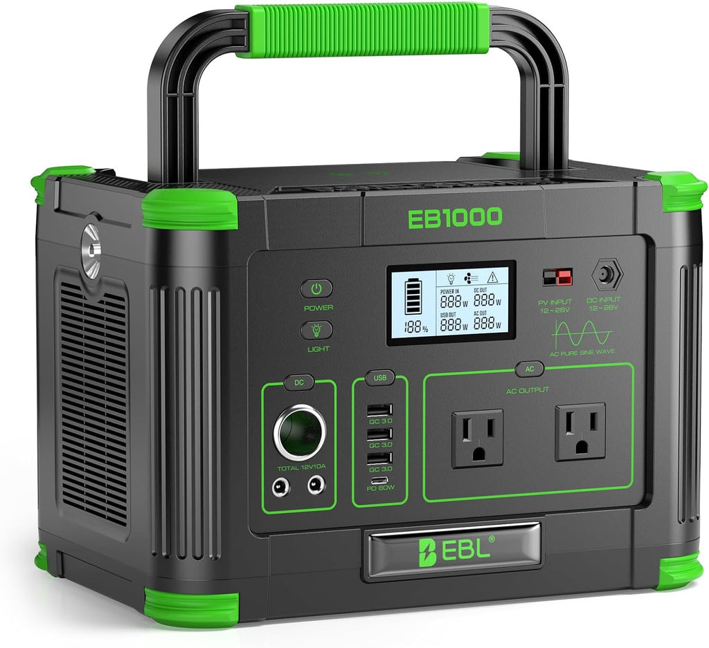 EBL Portable Power Station 1000W Solar Generator 999Wh Fast Charging Backup Battery with 5W Wireless Charging & Multiple Ports for Camping, Home Backup, RV & Off-Grid