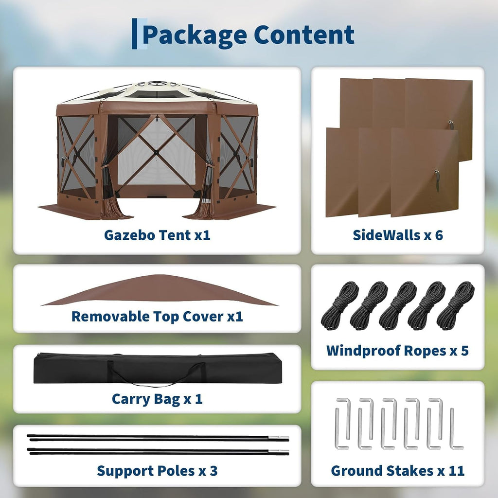 GarveeLife 11.5x11.5FT 6-Sided Pop Up Gazebo Tent，One-Push Setup Canopy Tent with Mesh Panels & Removable Wind Cloths, Outdoor shelter for Camping, Backyard Parties, Outdoor Events - Beige & Khaki
