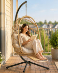 SWITTE Egg Chair Outdoor with Footrest & Stand, Indoor Wicker Hanging Egg Swing Hammock Chair with Cushion for Patio, Bedroom, Garden - Natural