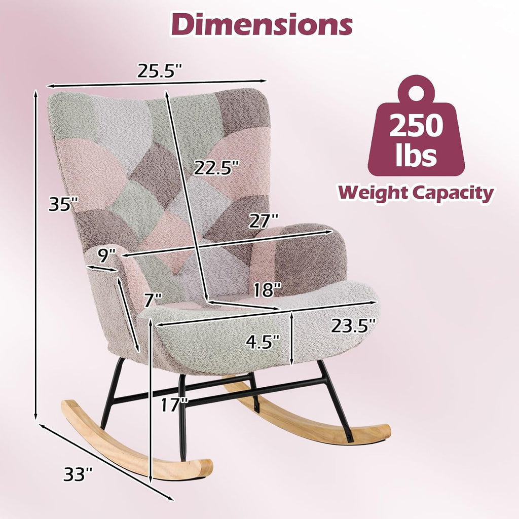 Giantex Rocking Chair Nursery, Boucle Upholstered Glider Rocker w/Ergonomic High Backrest, Rubber Wood Legs & Side Pocket, Patchwork Modern Accent Chair for Bedroom, Living Room, Offices