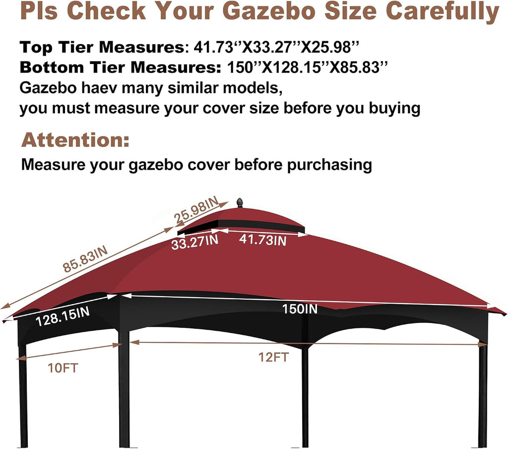 10x12 Ft Outdoor Patio Gazebo Replacement Canopy for Lowe's Allen Roth 10x12 Gazebo #GF-12S004B-1, Double Tiered Roof Top Cover, UV Protection & Waterproof Fabric, Burgundy (Frame Not Included)