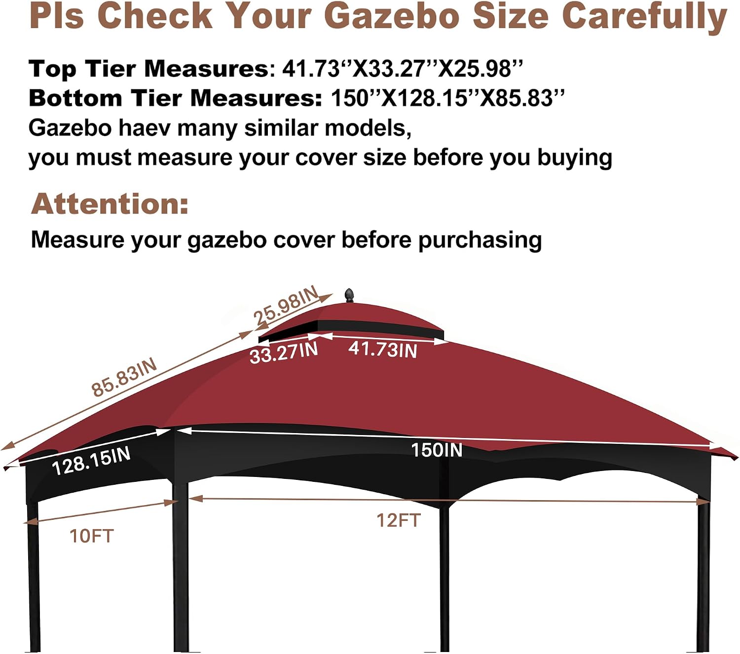 10x12 Ft Outdoor Patio Gazebo Replacement Canopy for Lowe's Allen Roth 10x12 Gazebo #GF-12S004B-1, Double Tiered Roof Top Cover, UV Protection & Waterproof Fabric, Burgundy (Frame Not Included)