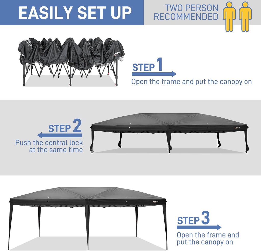 VINGLI 10'x20' Pop Up Canopy Tent with Carry Bag, Portable Instant Party Tent Waterproof Outdoor Canopy for Outdoor Events, Party, Wedding (Black)