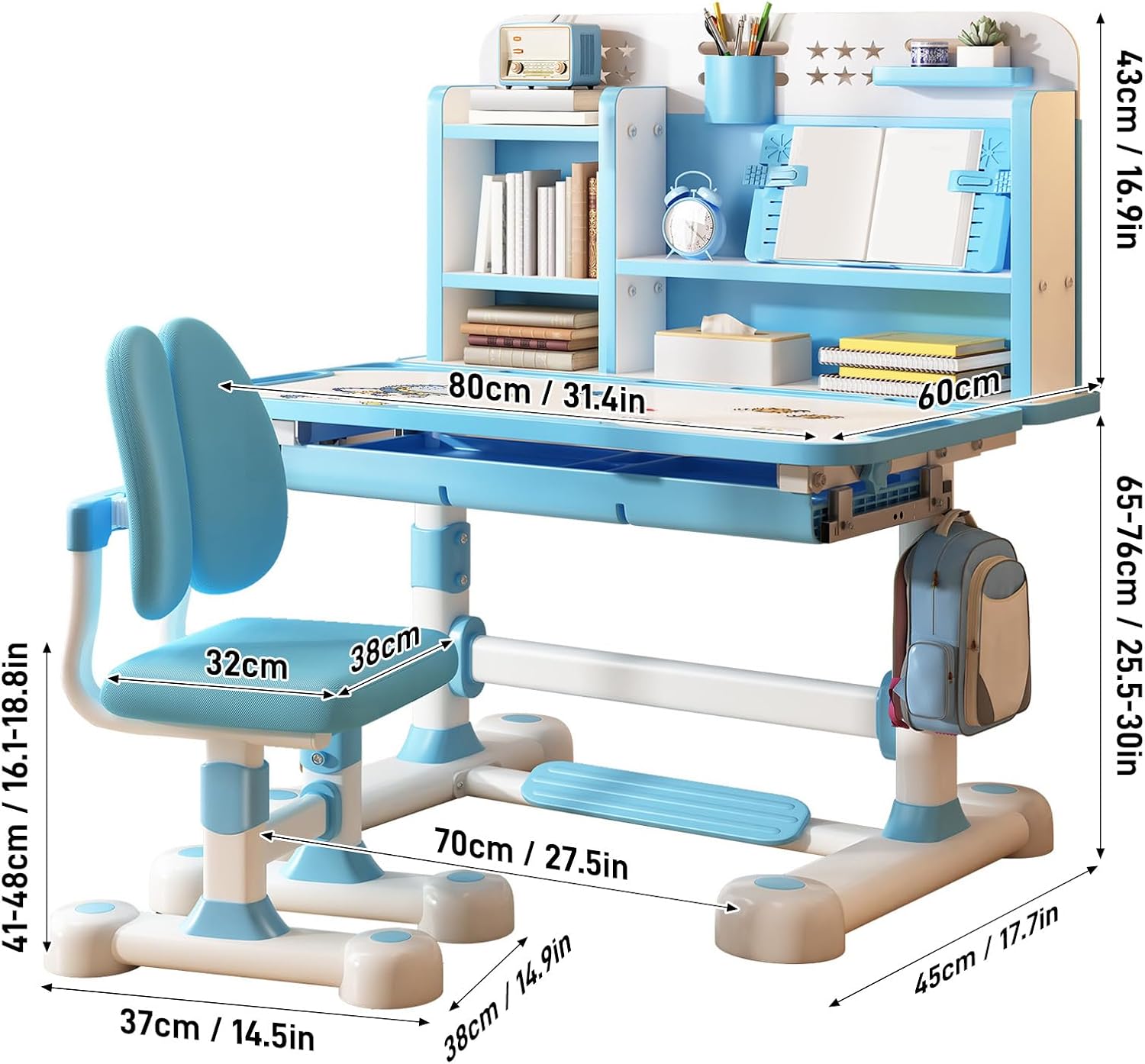 Kids Desk and Chair Set, Height Adjustable Kids Desk with Cartoon Pattern, Widened Tabletop, Tiltable Reading Stand, Back Support & Spine Protect, Prevent Myopia, for Boys & Girls 3+ (Blue1)