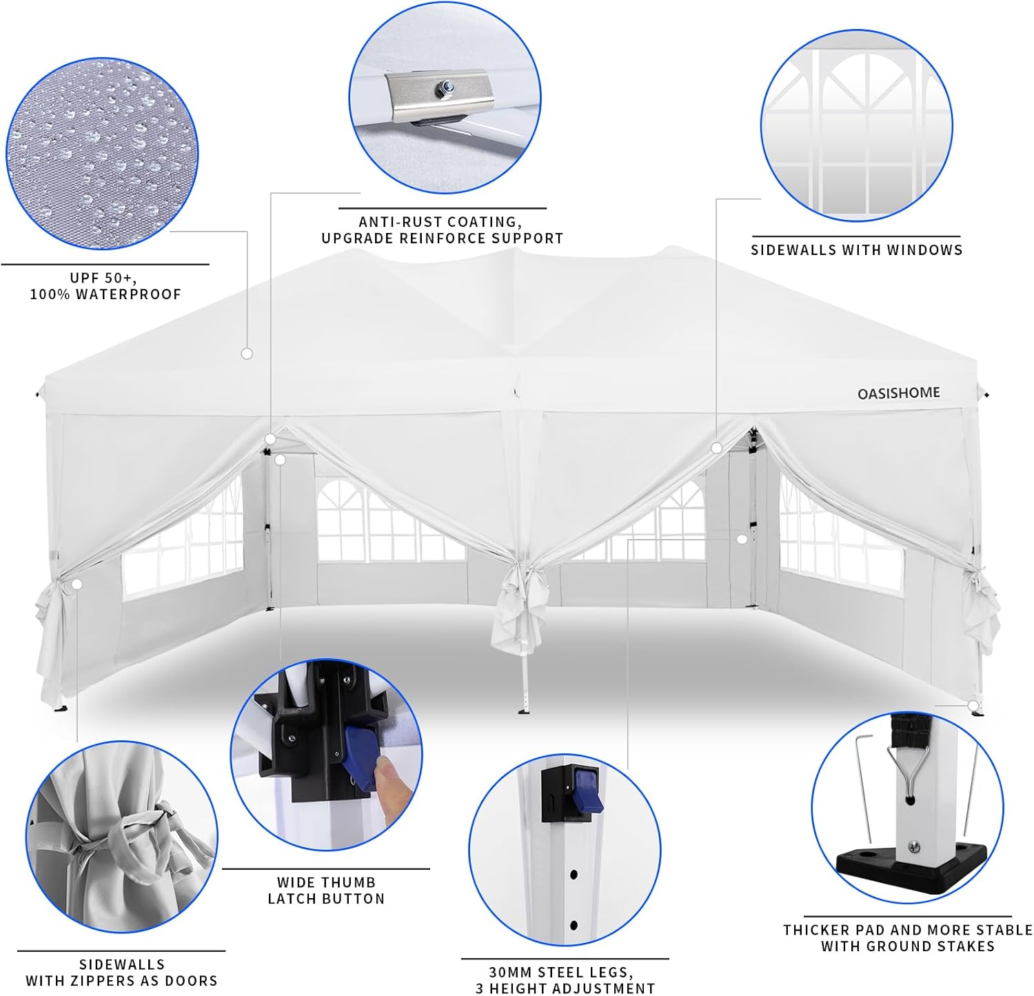 OASISHOME Pop-up Gazebo Canopy Tent 10'x20' with 6 Removable Sidewalls, Windows, Stakes, Ropes, Carry Bag,Suitable for Patio, Outdoor, Wedding Parties&Commercial Events (White, 10X20)
