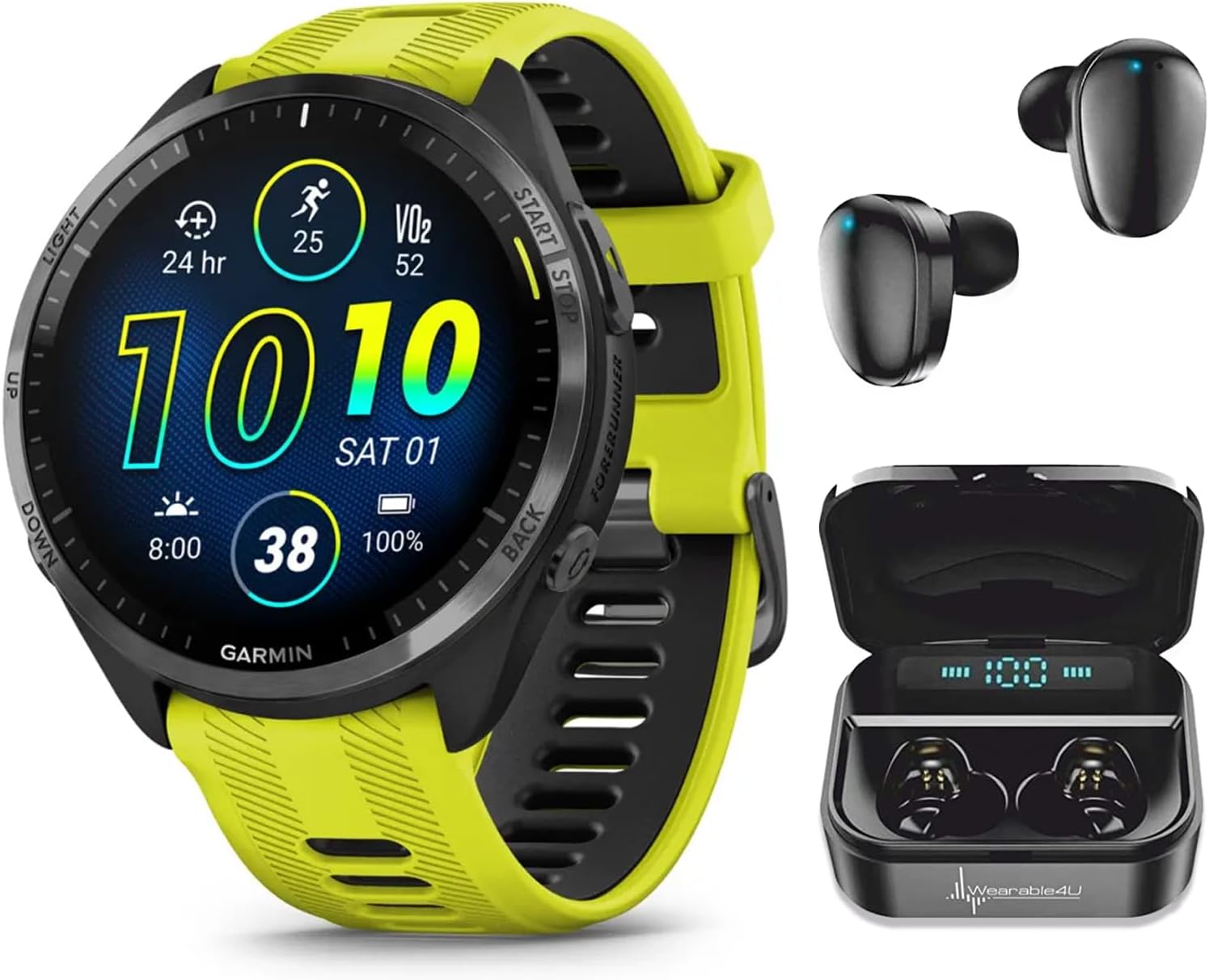 Garmin Forerunner 965 Premium GPS Running and Triathlon 47 mm Smartwatch with AMOLED Touchscreen Display, Carbon Gray DLC Titanium Bezel and Yellow Silicone Band + Black Earbuds Bundle
