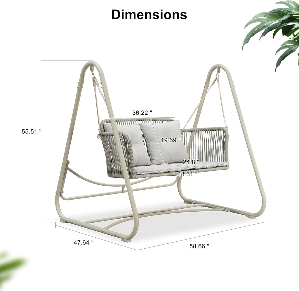 PURPLE LEAF 2-Seat Cloud Swing Chair with Stand and 12 Clear LED Lights Patio Wicker Hanging Swinging for Indoor Backyard Garden Outdoor Hammock Porch Swing, Cushion and Pillows Included, Cream