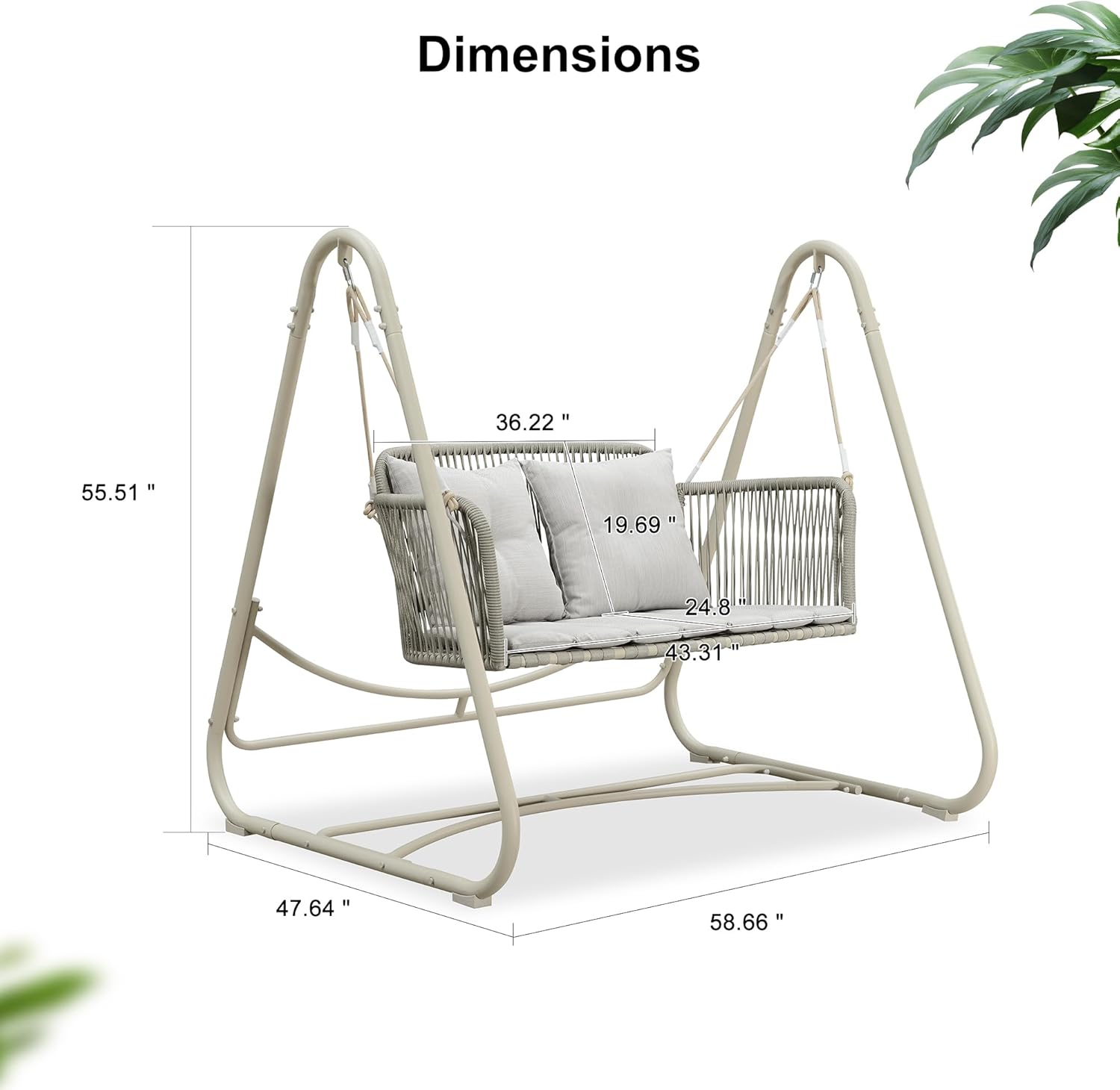 PURPLE LEAF 2-Seat Cloud Swing Chair with Stand and 12 Clear LED Lights Patio Wicker Hanging Swinging for Indoor Backyard Garden Outdoor Hammock Porch Swing, Cushion and Pillows Included, Cream