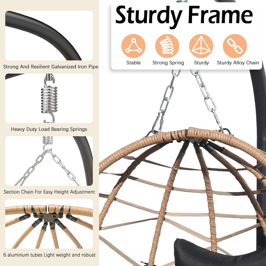 Hanging Egg Chair Swing with Stand, Hanging Chair, Webbing & PE Rattan Weaving, Thickened UV Resistant Cushion & Alloy Steel Frame, for Patio Bedroom Balcony (YH)