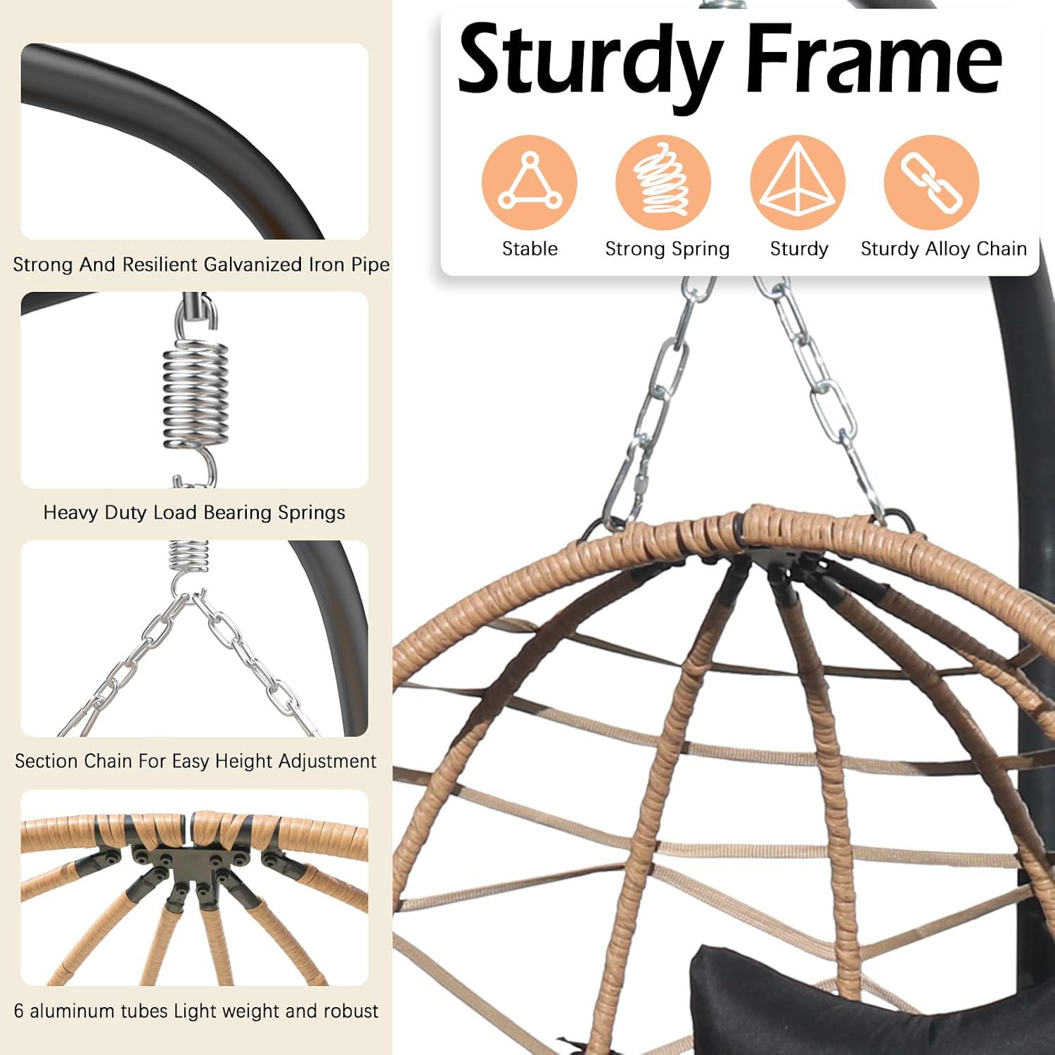 Hanging Egg Chair Swing with Stand, Hanging Chair, Webbing & PE Rattan Weaving, Thickened UV Resistant Cushion & Alloy Steel Frame, for Patio Bedroom Balcony (YH)