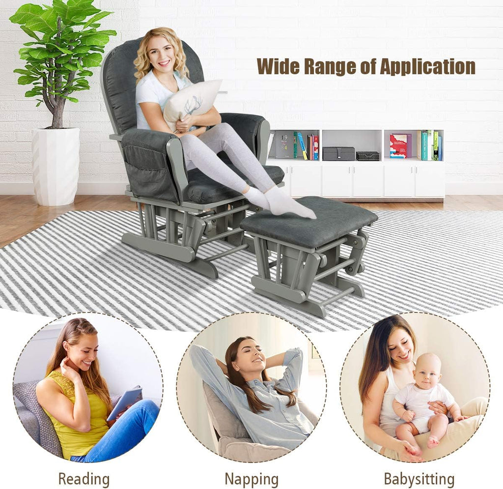 Costzon Nursery Glider with Ottoman, Upholstered Comfort Glider Rocker with Padded Cushion, Storage Pocket, Solid Wood Base, Rocking Chair Nursery for Breastfeeding, Napping (Dark Gray)