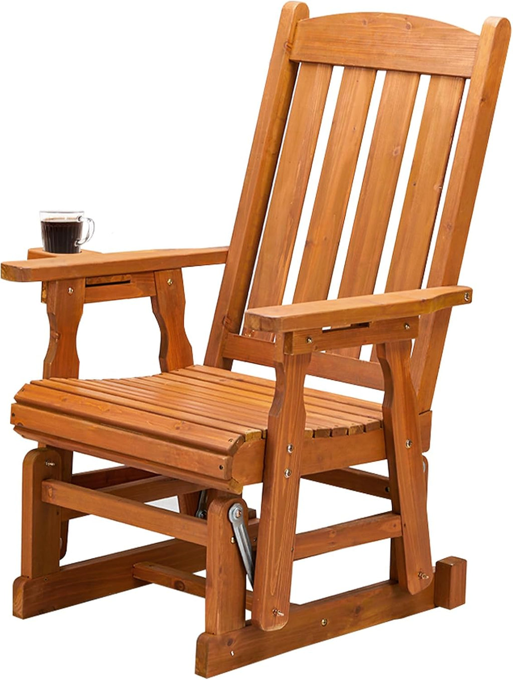 VINGLI Outdoor Glider Chair Wood Patio Glider with Cup Holder, Porch Glider with Smooth Rocking Mechanism, Heavy Duty 600 LBS