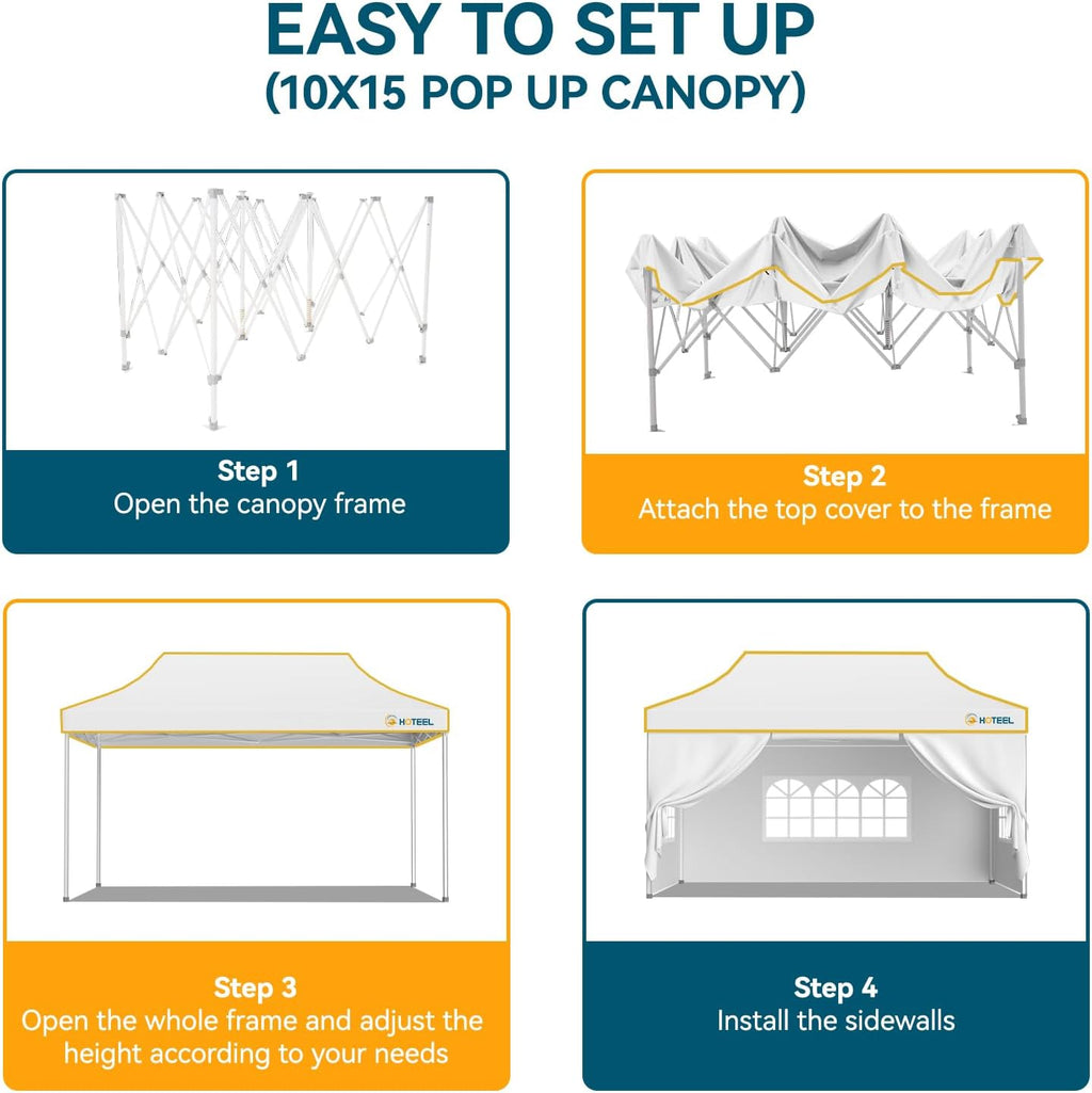 Hoteel 10x15 Pop Up Canopy Tent Heavy Duty with 4 Sidewalls, Waterproof Party Tent, Easy Set-up Commercial Instant Tents with Roller Bag & Sandbags, Hexagonal Leg (1-Year Warranty)
