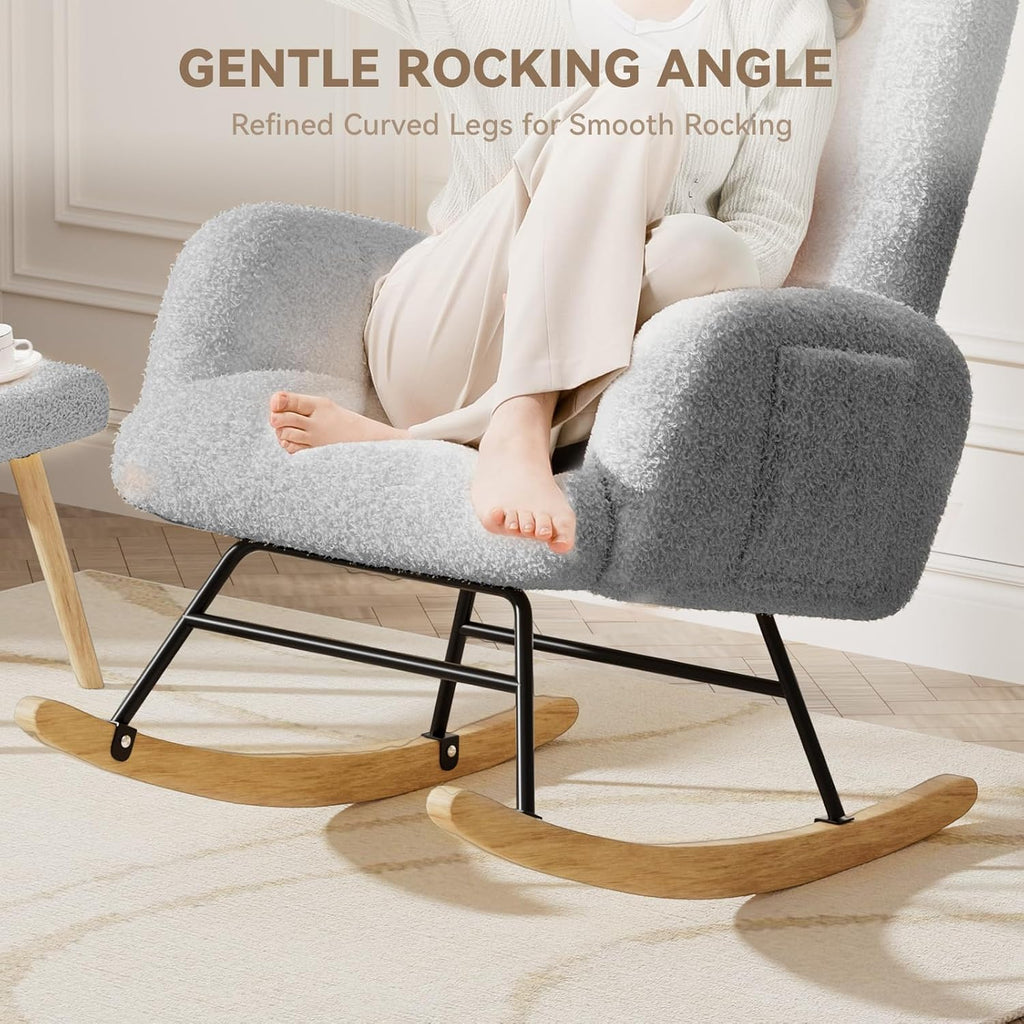 LUCKLIFE Rocking Chair Nursery,Teddy Upholstered Glider Rocker Chair with High Backrest,Reading Chair Modern Rocking Accent Chairs with Side Pockets for Living Room,Bedroom (Grey)
