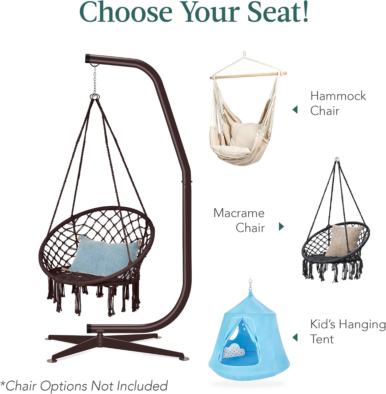 Best Choice Products Metal Hanging Hammock C-Stand for Chair/Weather-Resistant Finish, Offset Base - Stand Only - Brown