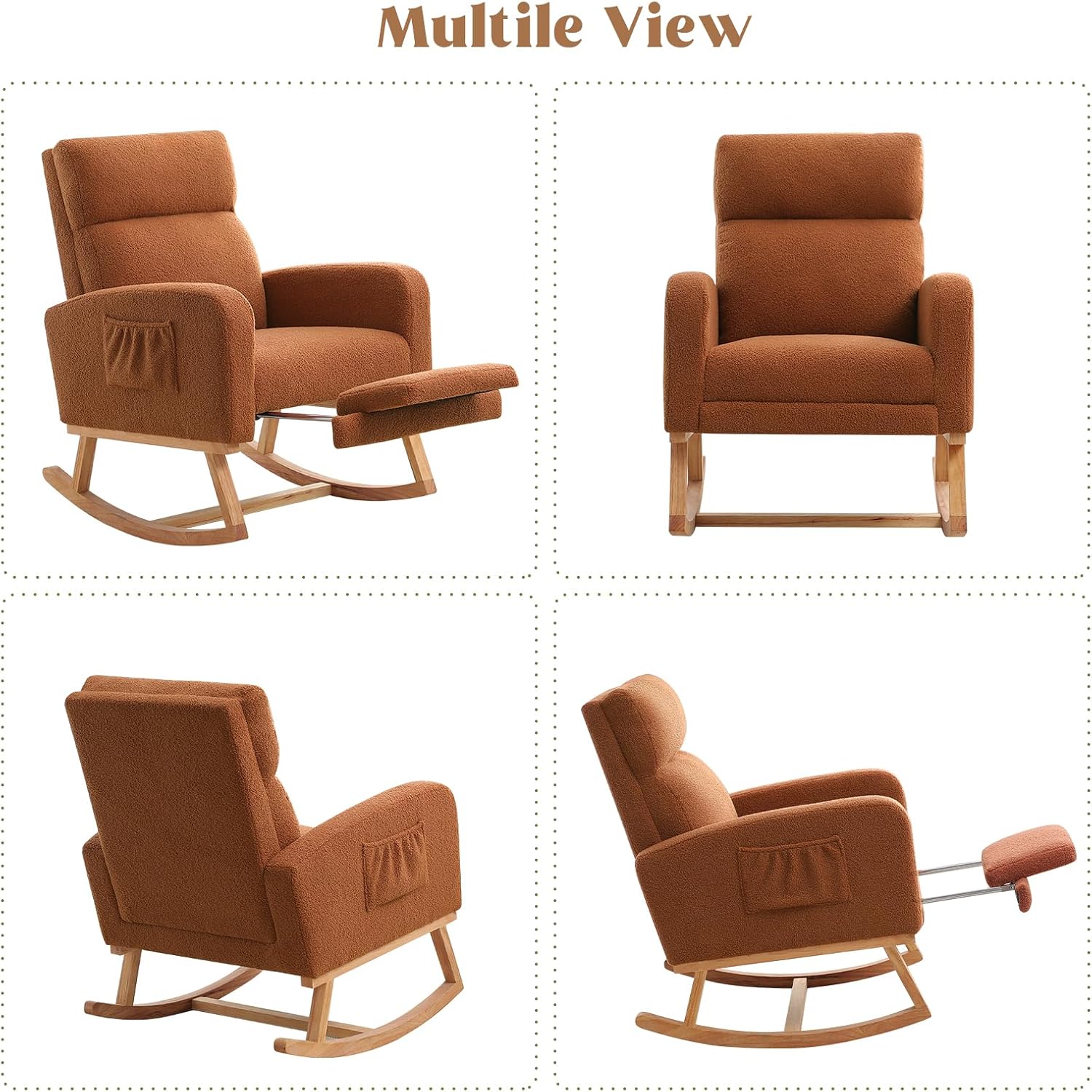 HCHAIRH Rocking Chair Nursery with Foot Rest, Nursing Rocking Chairs for Mom Nursery, Teddy Rocker Glider with High Backrest for Living Room, Bedroom, Brown
