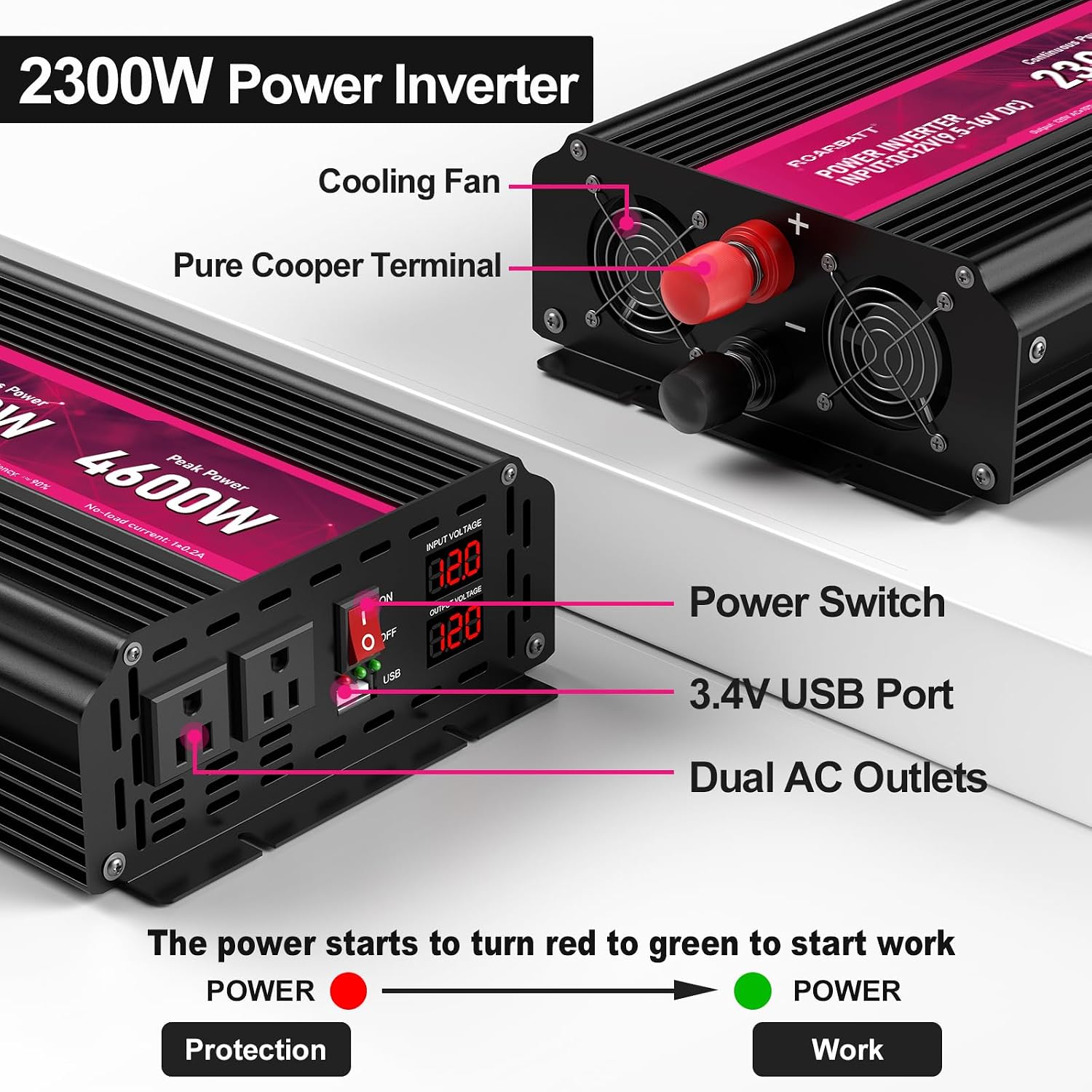 2300W Power Inverter,12V DC to AC 110V120V Peak Power 4600W with 2AC Outlets and 2.4USB Port,LCD Display Car Inverter for Power Converter Outdoor Activities,Emergency,Vehicles Truck RV Solar System