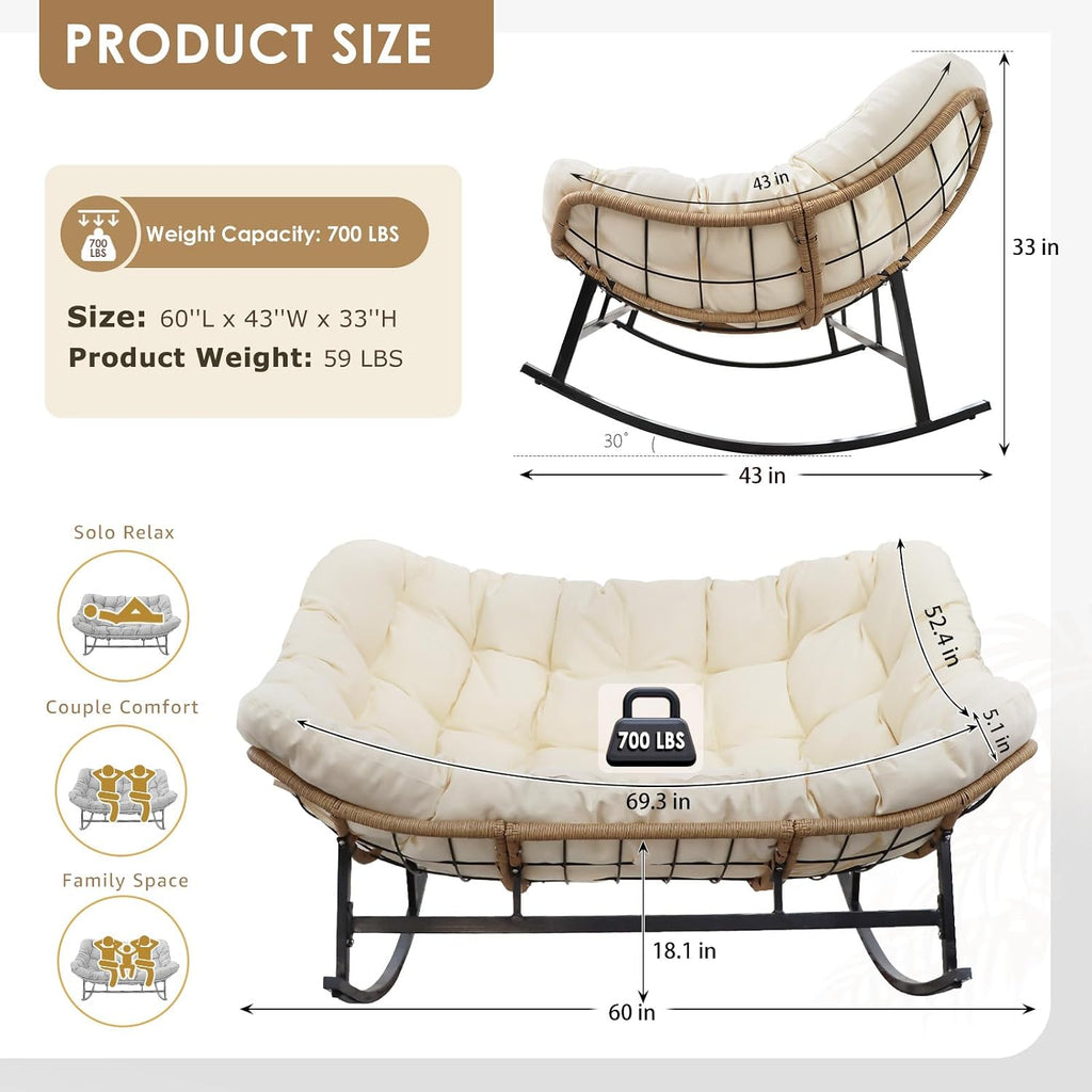 RADIATA Double Egg Rocking Chair for 2, Oversized Rattan Recliner Loveseat with Padded Cushion, Heavy Duty Comfy Large Papasan Rocker for Reading Outdoor Patio Balcony Backyard Indoor, Beige