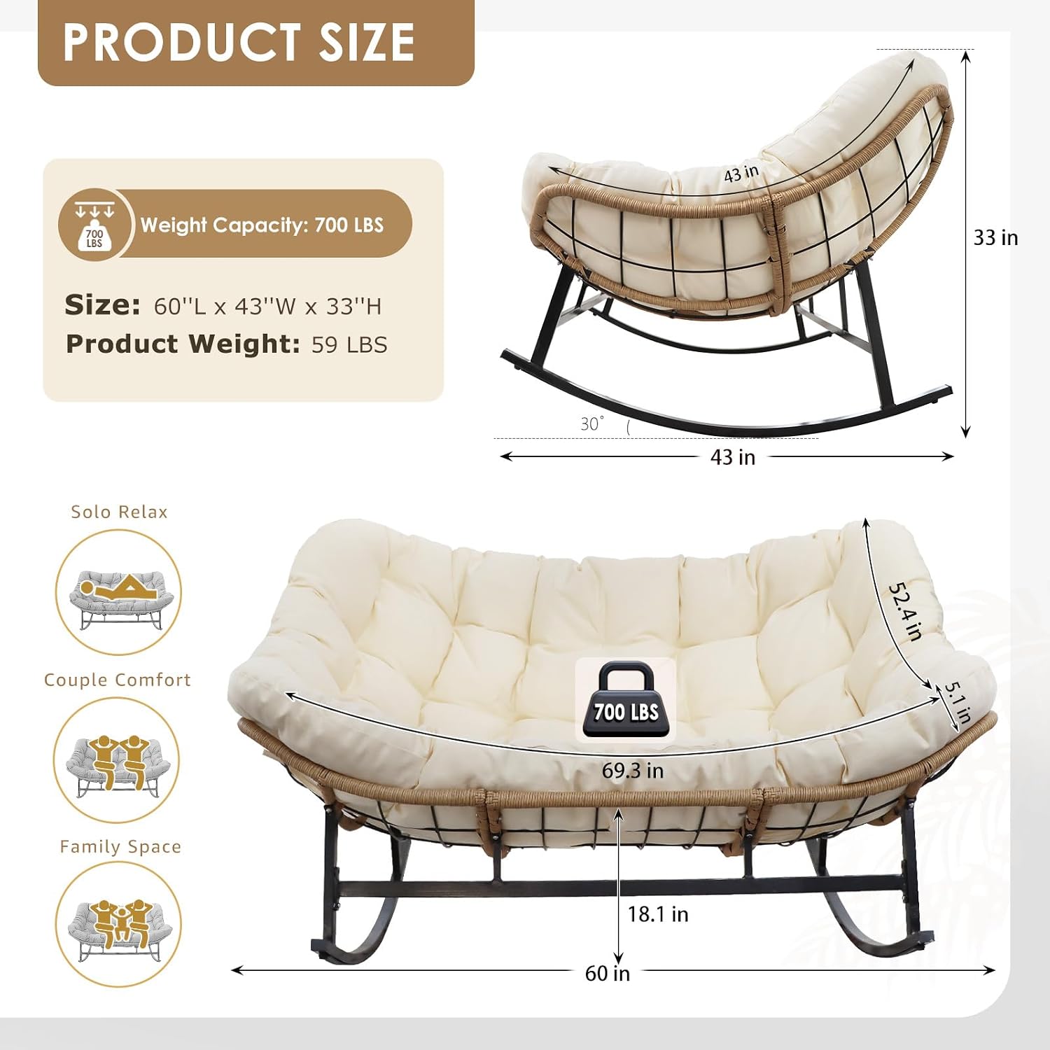 RADIATA Double Egg Rocking Chair for 2, Oversized Rattan Recliner Loveseat with Padded Cushion, Heavy Duty Comfy Large Papasan Rocker for Reading Outdoor Patio Balcony Backyard Indoor, Beige