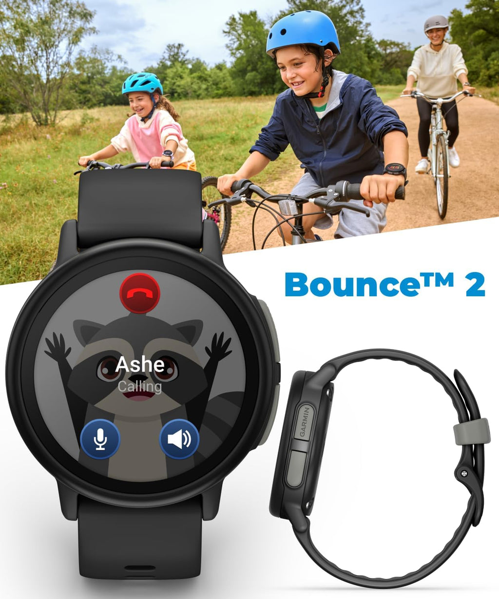 Garmin Bounce 2 Kids Smartwatch with LTE – Two-Way Calling, Text Messaging, Real-Time GPS Tracking, Swim-Friendly AMOLED Display, Music, Slate Gray w/Wearable4U White Earbuds Bundle