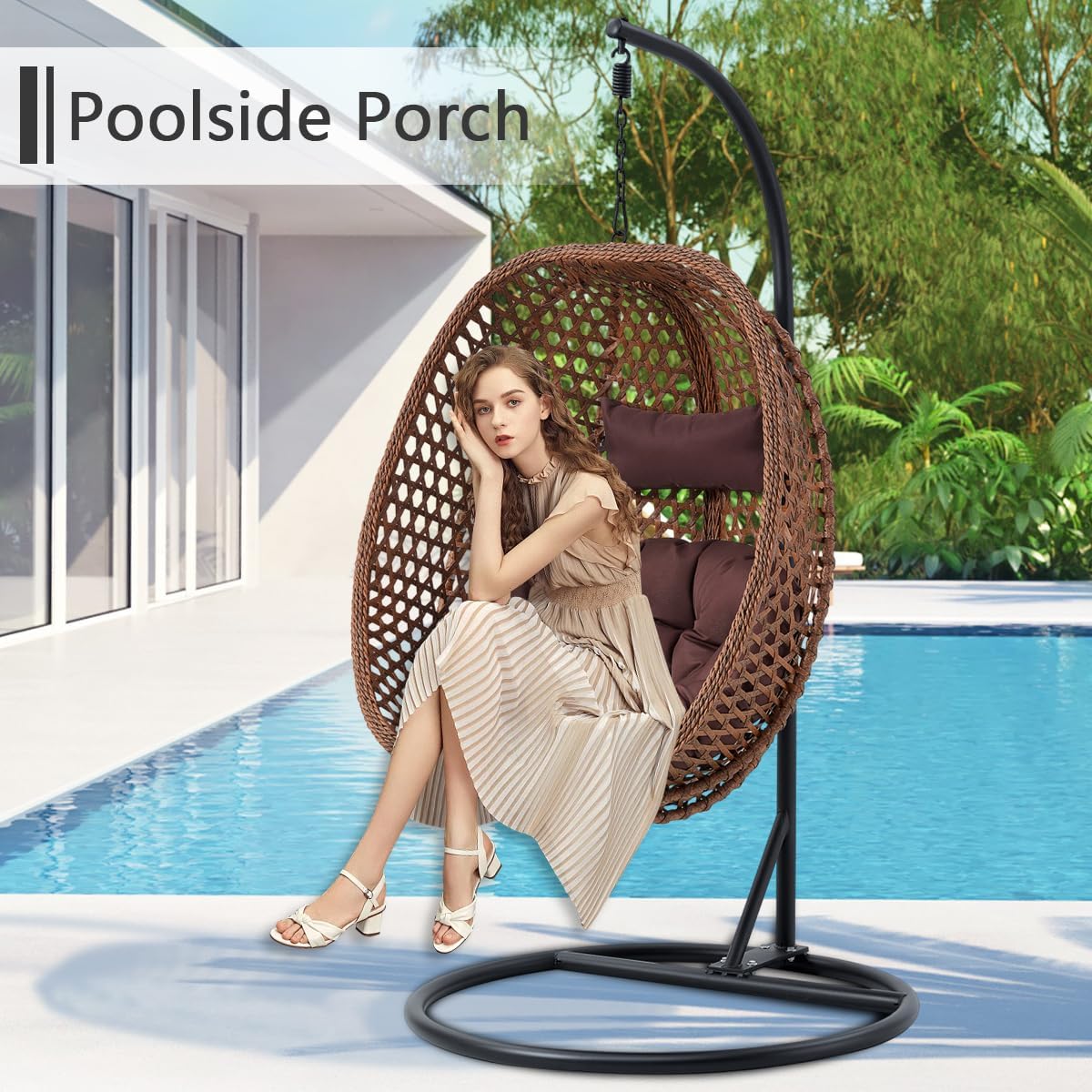 JUFU Egg Chair with Stand, Premium Indoor Outdoor Hanging Swing Chair with Thick Cushion and Headrest, 350 lb Capacity Patio Egg Chair for Bedroom, Balcony, Porch, Backyard