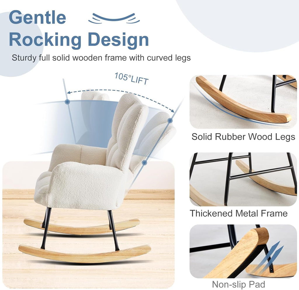 DUMOS Rocking Chair with High Backrest, Teddy Upholstered Indoor Reading Glider Chair with Comfy Seat for Bedroom, Living Room, Office, Beige