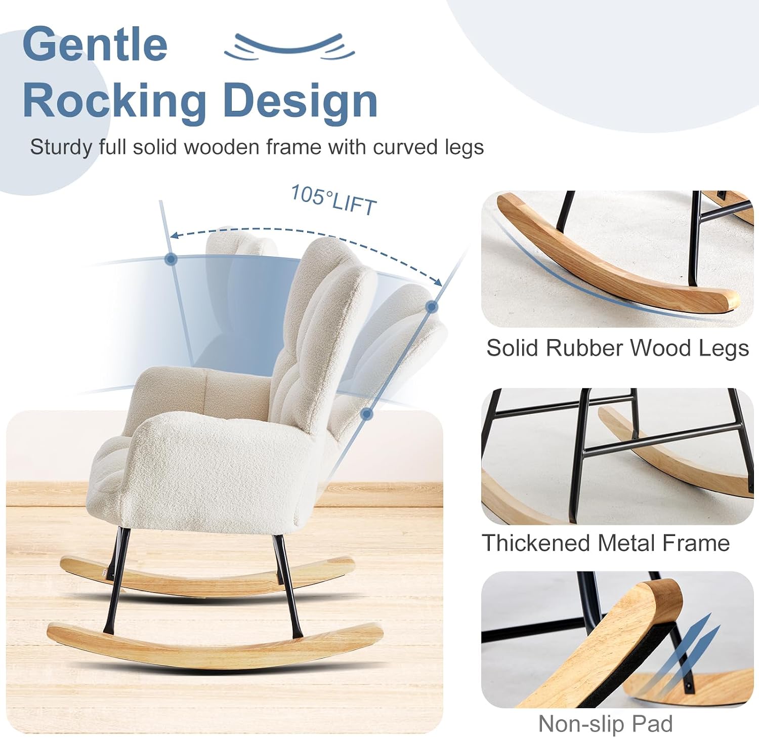 DUMOS Rocking Chair with High Backrest, Teddy Upholstered Indoor Reading Glider Chair with Comfy Seat for Bedroom, Living Room, Office, Beige