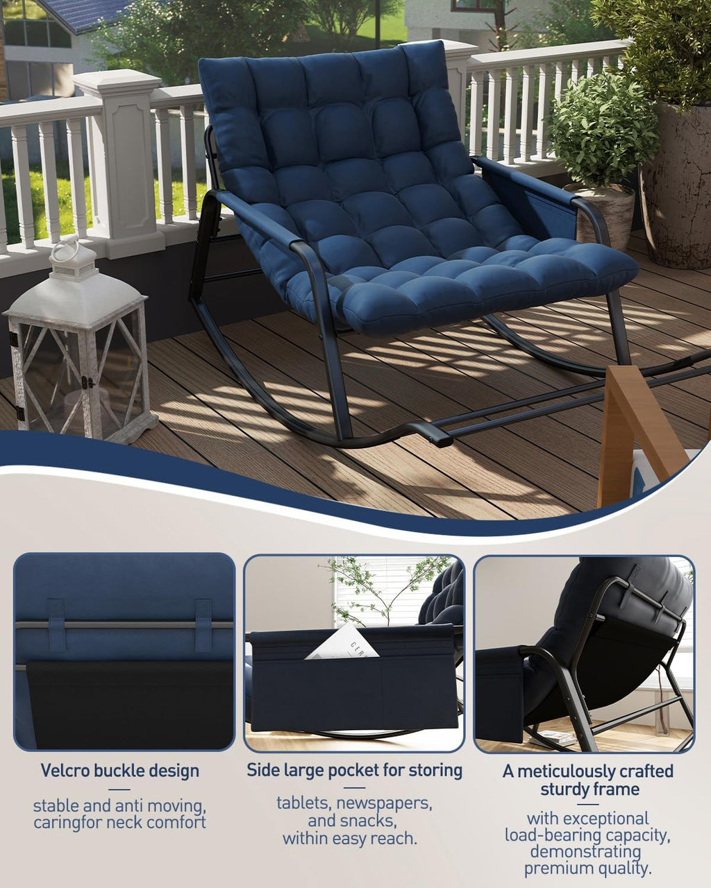 Oversized Indoor Rocking Chair, Plush Papasan Chair with Comfy Padded Cushions & Side Pocket, for Patio Garden, Porch, Lounge, Outdoor, Navy